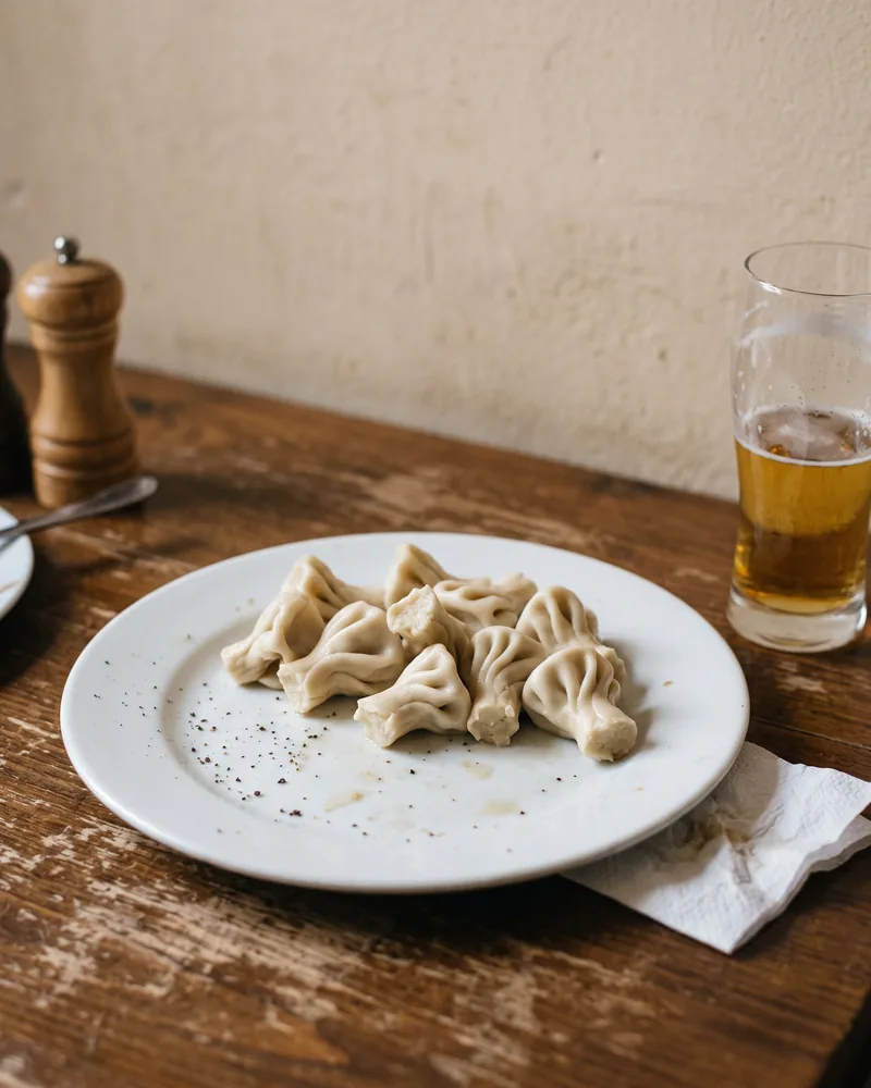 A white plate with a pile of leftover khinkali knots, a pepper grinder and a half-finished glass of beer beside it