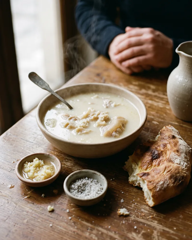 A bowl of pale khashi broth with pieces of tripe, beside small dishes of crushed garlic and coarse salt and a torn piece of bread on a wooden table