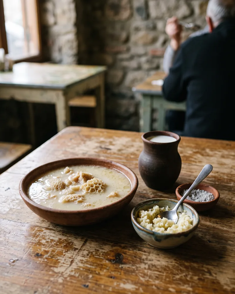 Crushed garlic with a spoon, coarse salt and a clay jug of milk beside a bowl of khashi with pieces of honeycomb tripe
