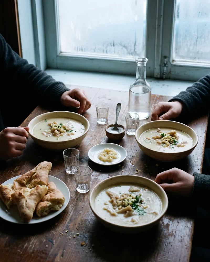 3 bowls of khashi with crushed garlic on top, torn bread, a salt dish and small glasses beside a carafe of clear spirit in winter morning light