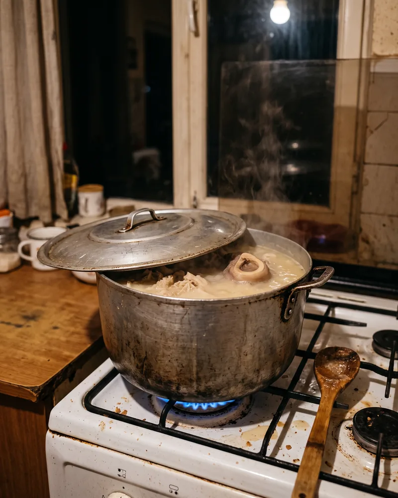 A big dented aluminium pot half covered on a low gas flame at night, with pale broth, honeycomb tripe and a bone simmering under the tilted lid