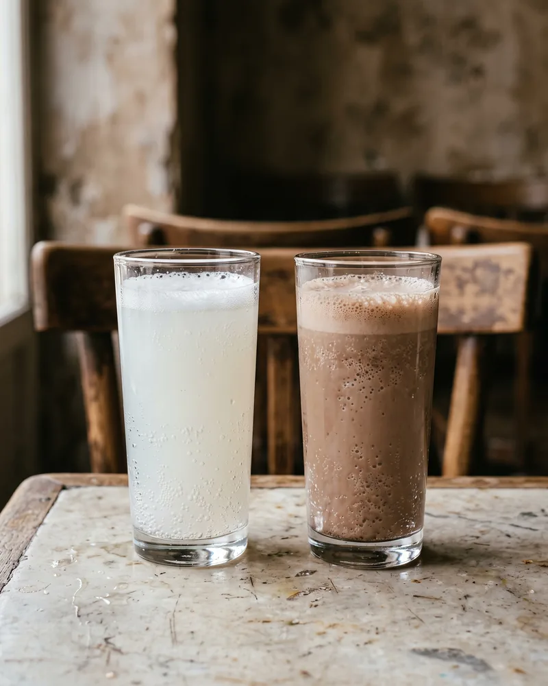 2 tall glasses of fizzy soda on a marble table, one cloudy milky white and one milky light brown, each with a foamy head