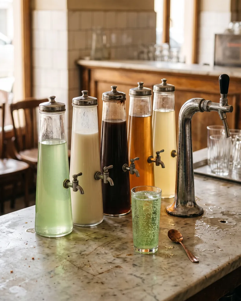 Tall conical glass dispensers of green, cream, dark brown, amber and yellow syrup on a marble counter beside a chrome soda tap, with a glass of green soda in front