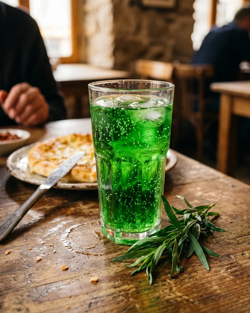 A tall glass of bright green tarragon soda with ice beside a sprig of fresh tarragon on a wooden table