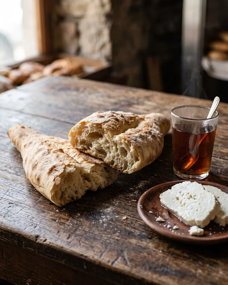 A pointed shoti loaf torn in half to show the soft crumb, on a wooden table beside a plate of white cheese and a glass of black tea