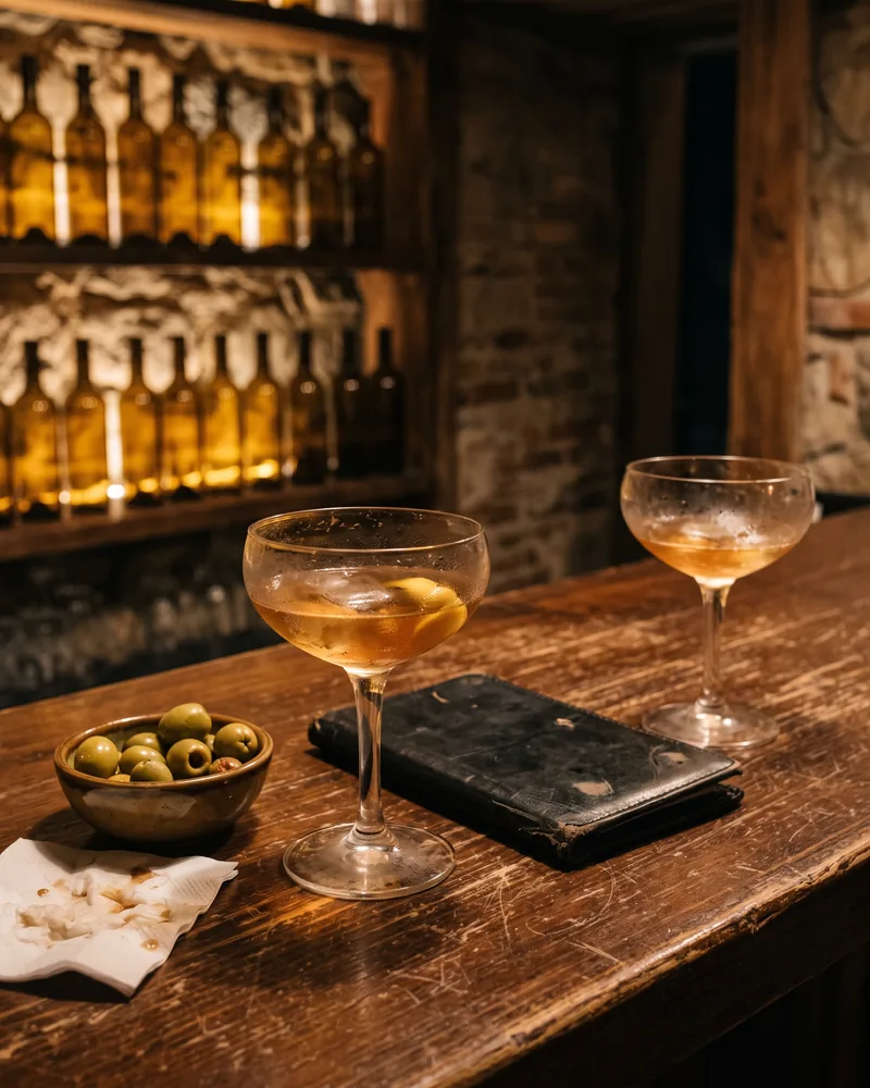 2 half-finished cocktails and a closed black bill folder on a dim wooden bar counter at night