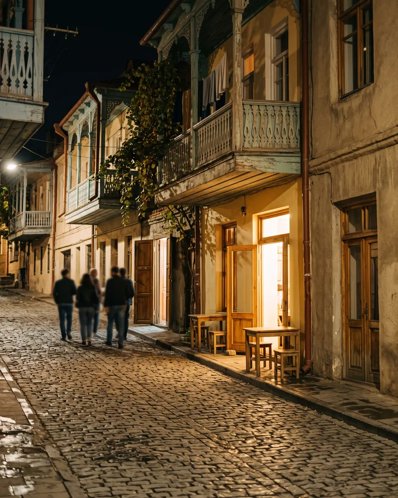 A narrow cobbled old-town street at night with carved wooden balconies, a lit open doorway with small tables and stools outside, and a few blurred figures further down