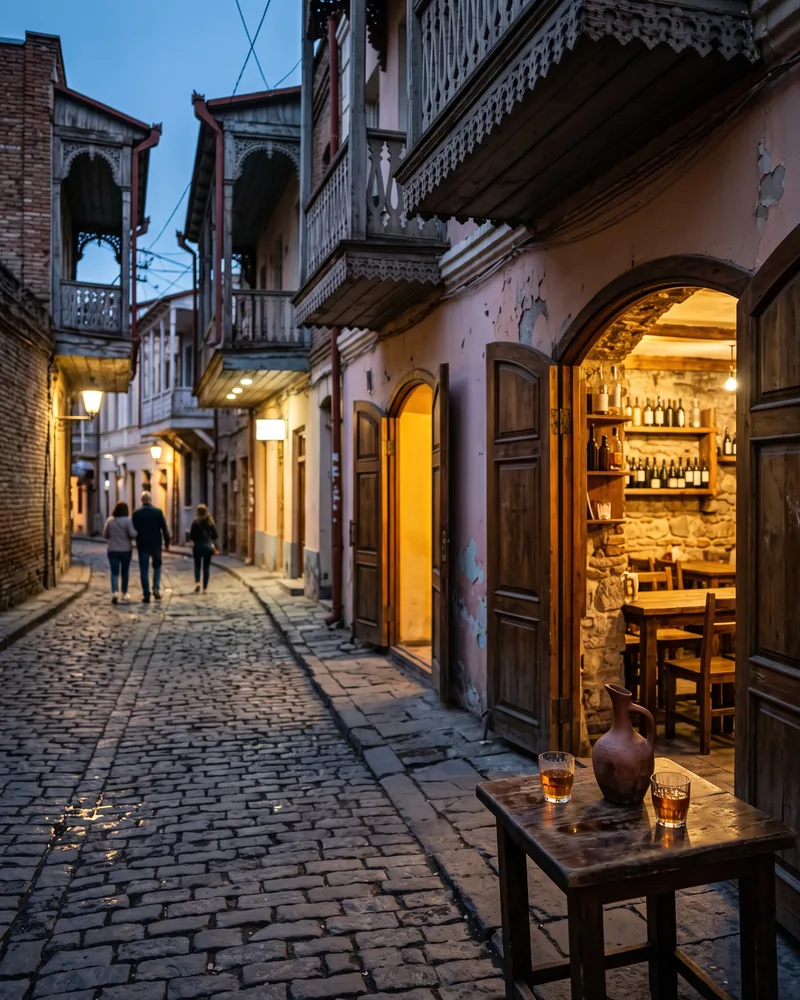 A narrow cobbled street in old Tbilisi at dusk, with carved wooden balconies, an open bar doorway lit warm inside and a table outside holding a clay jug and 2 glasses of amber wine