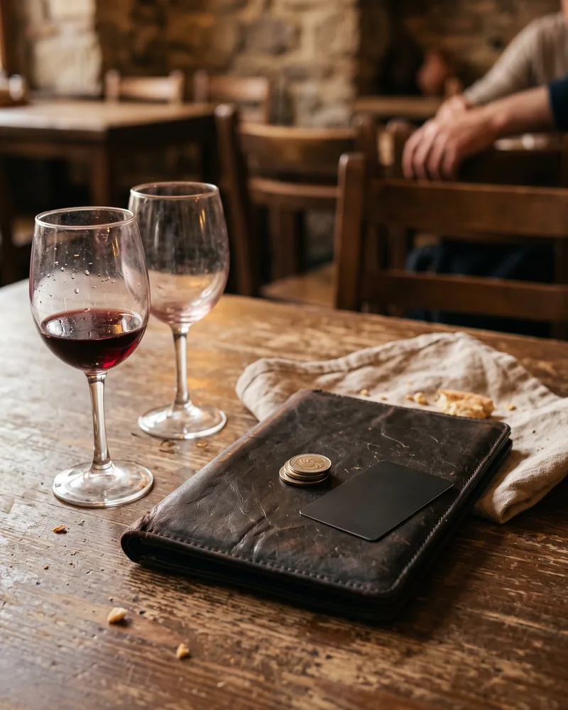 A closed leather bill folder with a small stack of coins and a plain card on it, beside 2 wine glasses on a wooden restaurant table after dinner