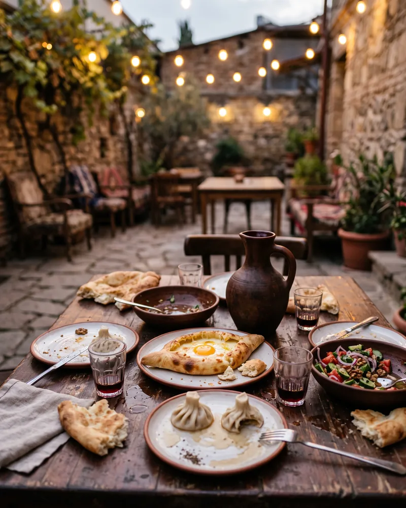 A courtyard table late in the evening under strings of lights, with leftover khinkali, an Adjarian khachapuri, salad, torn bread and a clay jug of wine