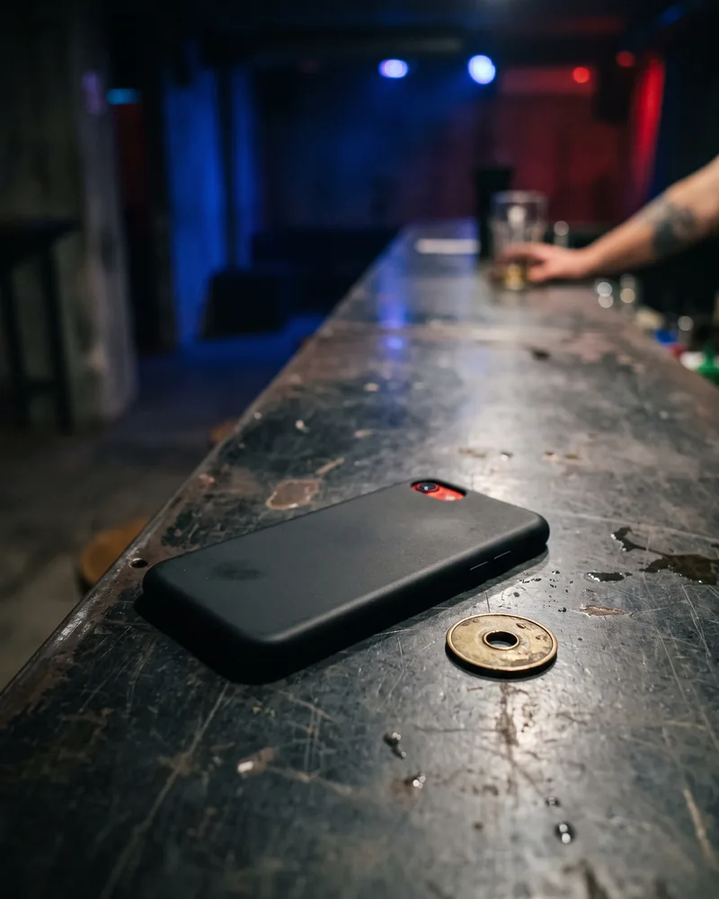 A phone lying face down on a scuffed metal bar with a red sticker over its camera lens and a brass cloakroom token beside it