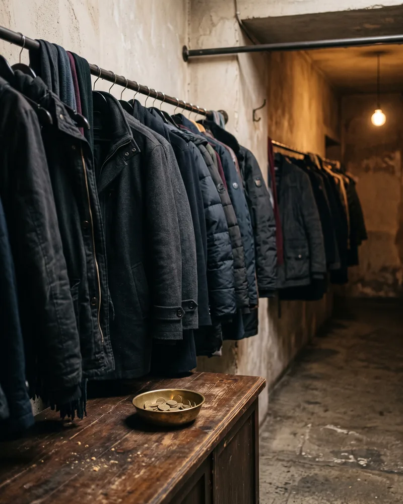 Dark coats on rails in a concrete corridor, with a wooden counter, a brass bowl of tokens and a single bare bulb