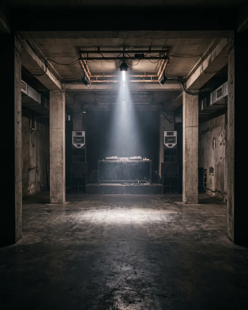 An empty concrete dance floor in a thin haze under a low ceiling, with a single white beam and a DJ booth at the far end