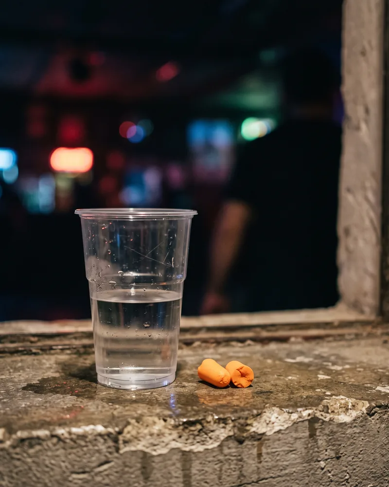 Orange foam earplugs beside a plastic cup of water on a concrete ledge, with blurred club lights behind