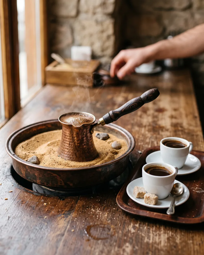 A small copper coffee pot set into a tray of hot sand beside 2 small cups of dark coffee