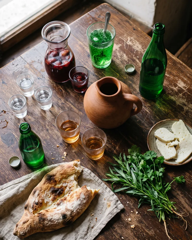 A wooden table with a clay jug, 2 tumblers of amber wine, small glasses of clear spirit, a carafe of red kompot, a glass of green tarragon soda, green bottles of sparkling water, shoti bread, cheese and herbs
