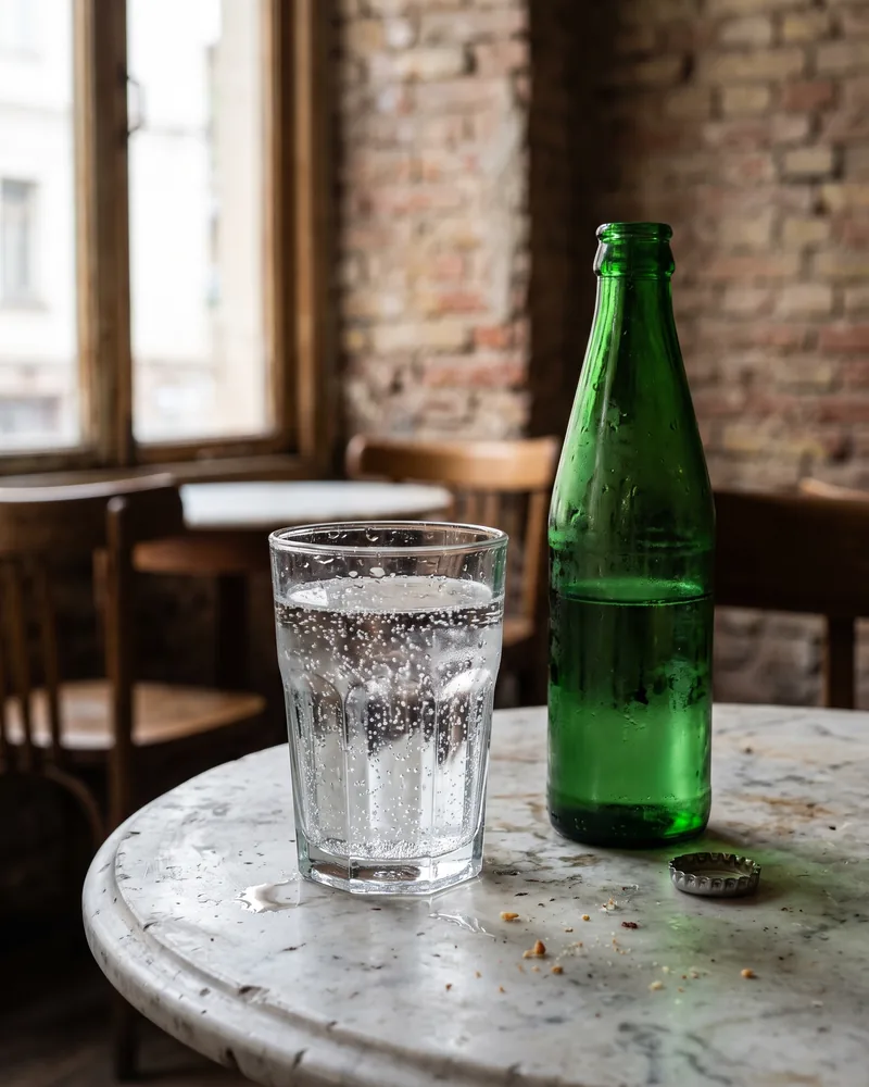 A tumbler of sparkling mineral water beside a plain green glass bottle on a marble cafe table