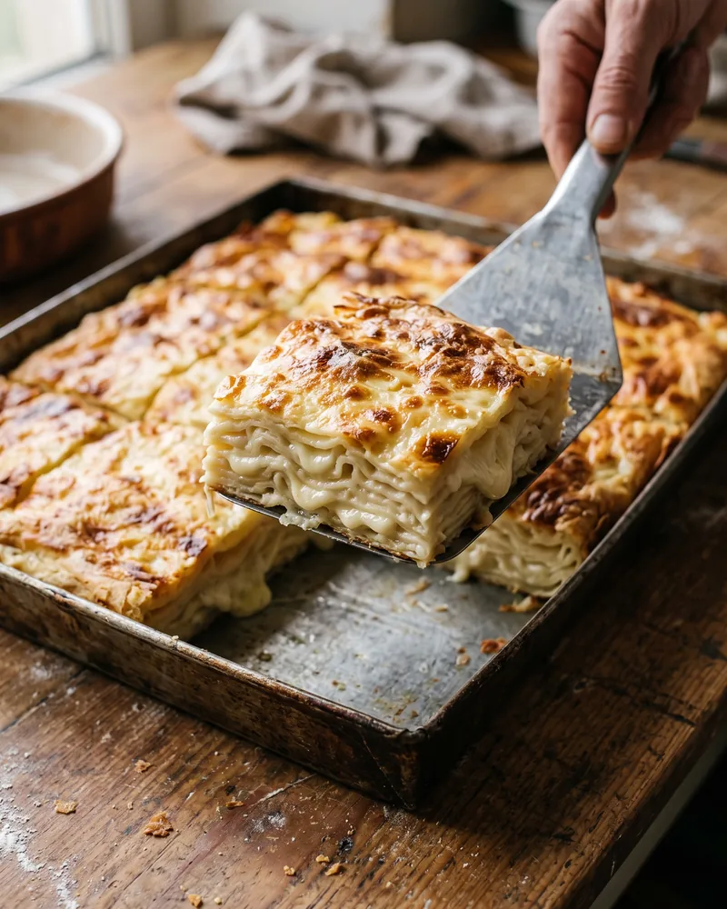 A square of achma lifted from a baking tray, showing thin layers of soft dough with melted cheese between them under a browned top