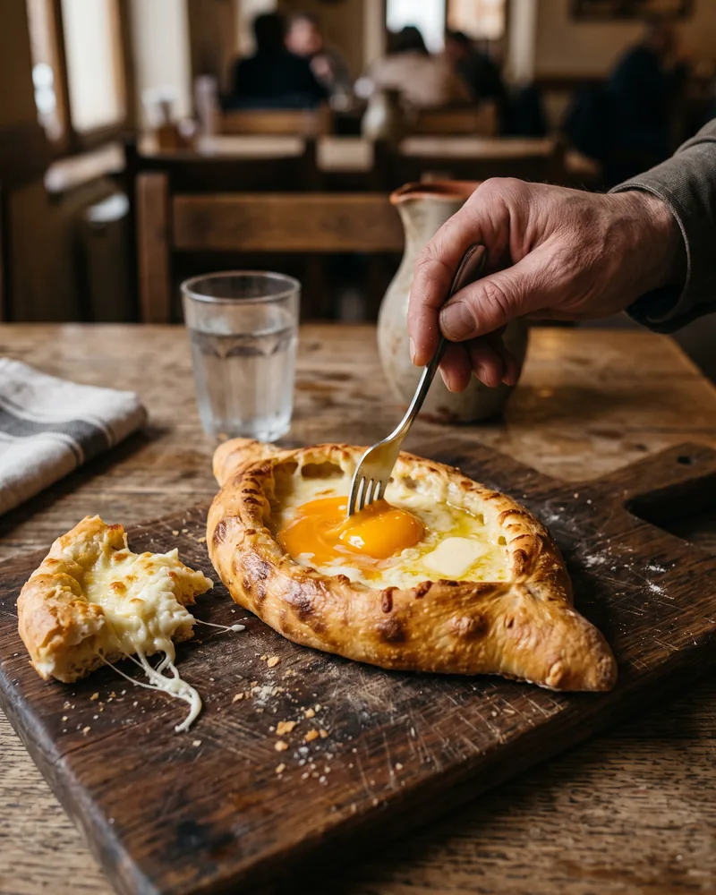 A fork stirring the egg yolk and butter into the cheese of an Adjarian khachapuri, with one torn-off end of crust beside it