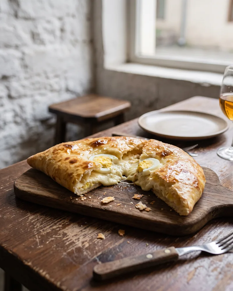 A crescent-shaped Gurian khachapuri cut open to show melted cheese and halved boiled eggs inside