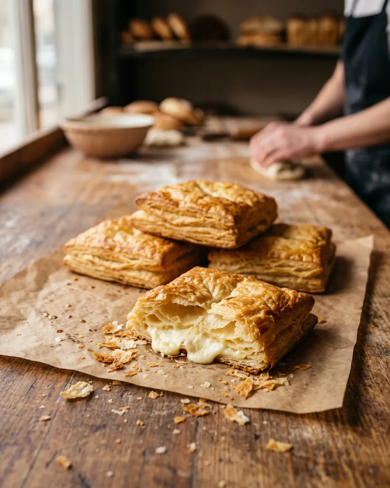 Square puff pastry penovani on brown bakery paper, one broken open to show melted white cheese between the flaky layers