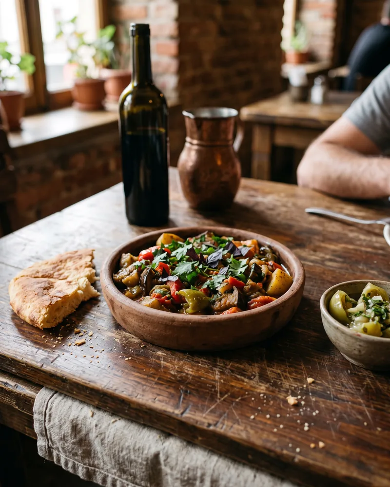A clay dish of ajapsandali, aubergine, peppers, potato and tomato stew with fresh herbs, beside a torn piece of flatbread and a small bowl of pickles