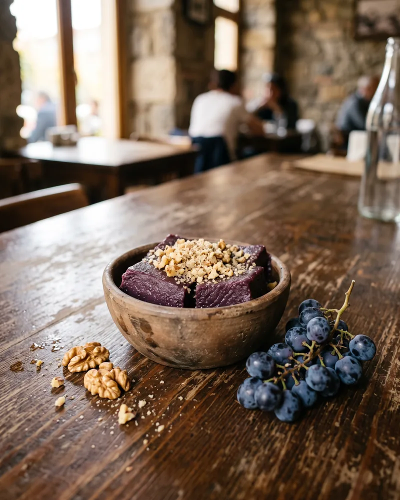 Chunks of set deep purple pelamushi grape pudding sprinkled with crushed walnuts in a clay bowl, beside dark grapes and walnut halves