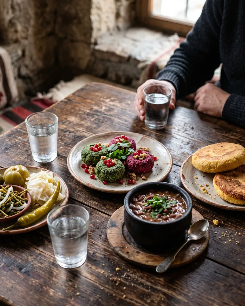 A fasting table with spinach and beetroot pkhali, a clay pot of bean stew, cornbread, pickled cabbage and green tomatoes, and a dish of jonjoli