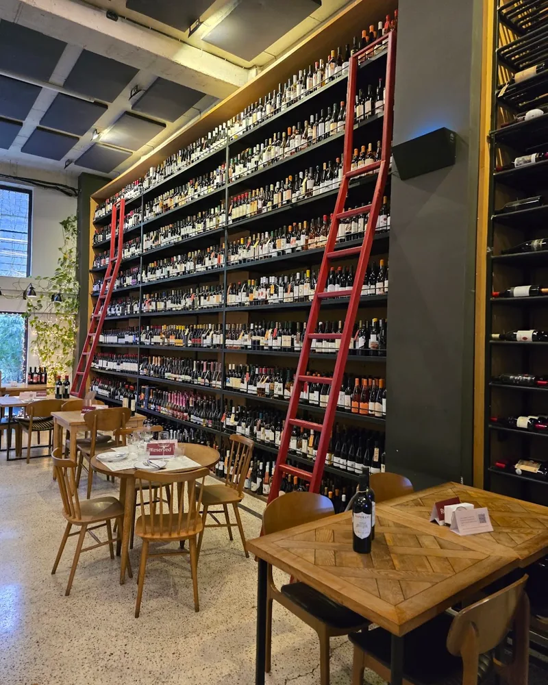 Wine bar seating with a floor-to-ceiling wine shelf and rolling ladder at 8000 Vintages (Vake)