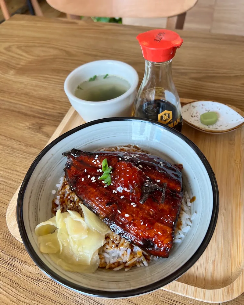 Unadon eel rice bowl with pickled ginger at Asiatique House & Bubble Tea