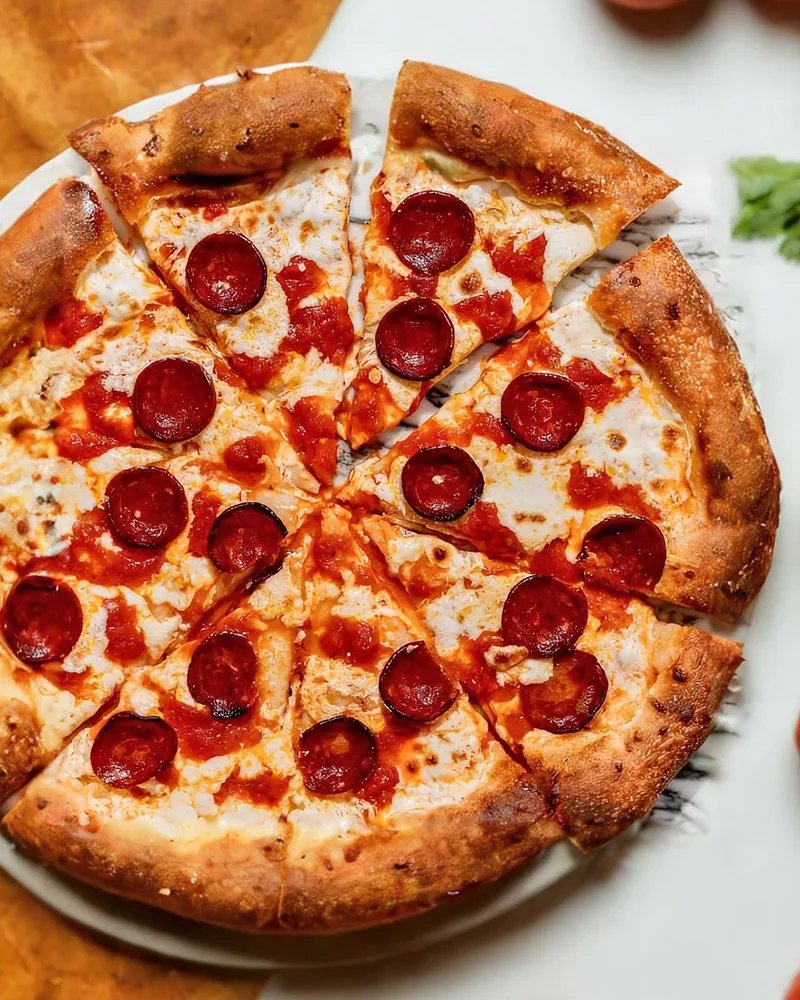 Sliced pizza on a white plate at Beans & Barrel