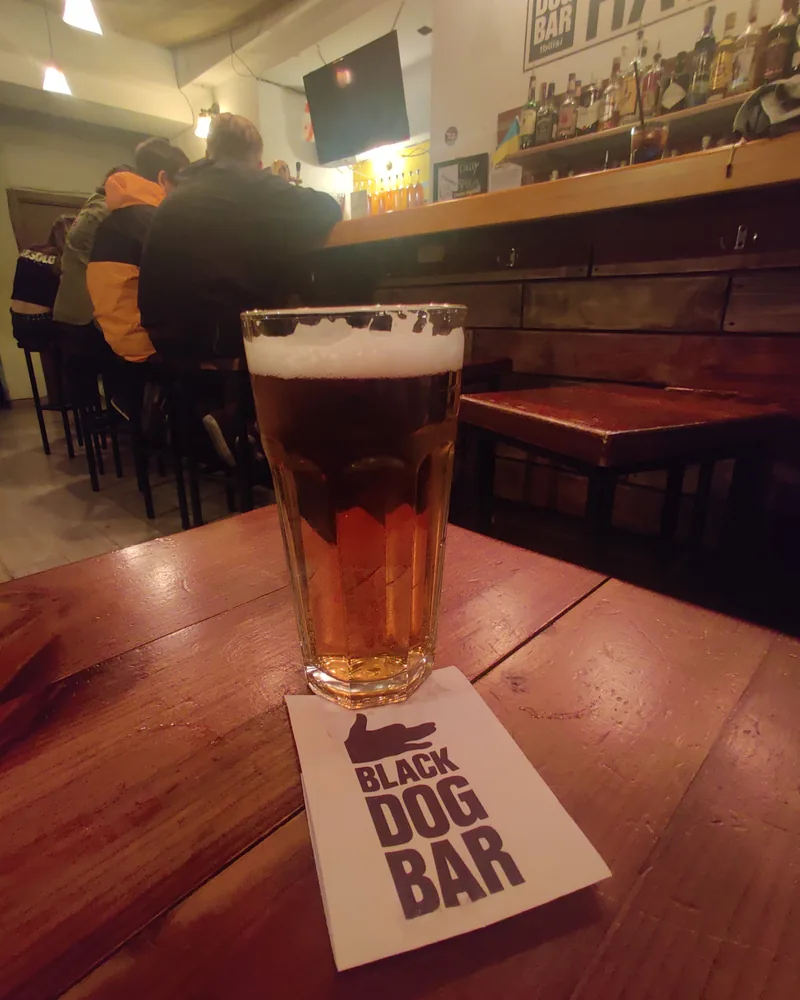 Pint of beer in a faceted glass at Black Dog Bar