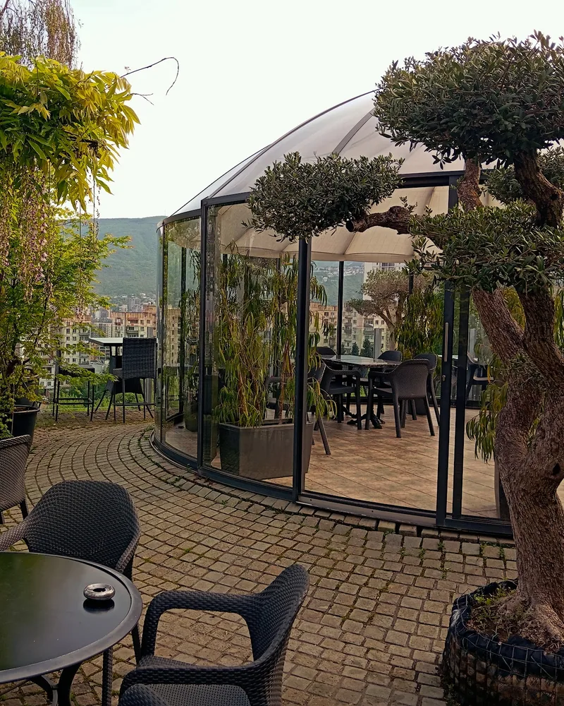 Outdoor terrace with glass dome pavilion and bonsai tree at Cafe Verde