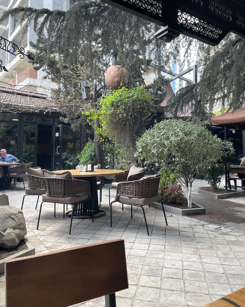 Courtyard patio with woven armchairs and greenery at Chashnagiri