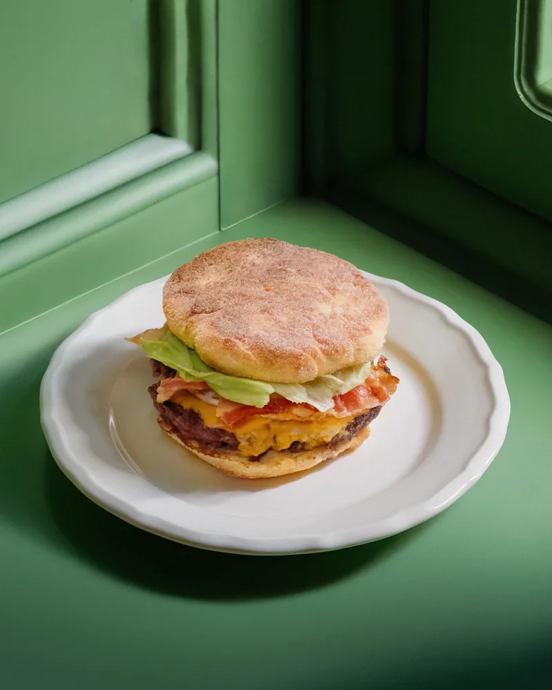 English muffin with a beef patty, bacon, cheddar and lettuce on a white plate at Crossroads Bistro