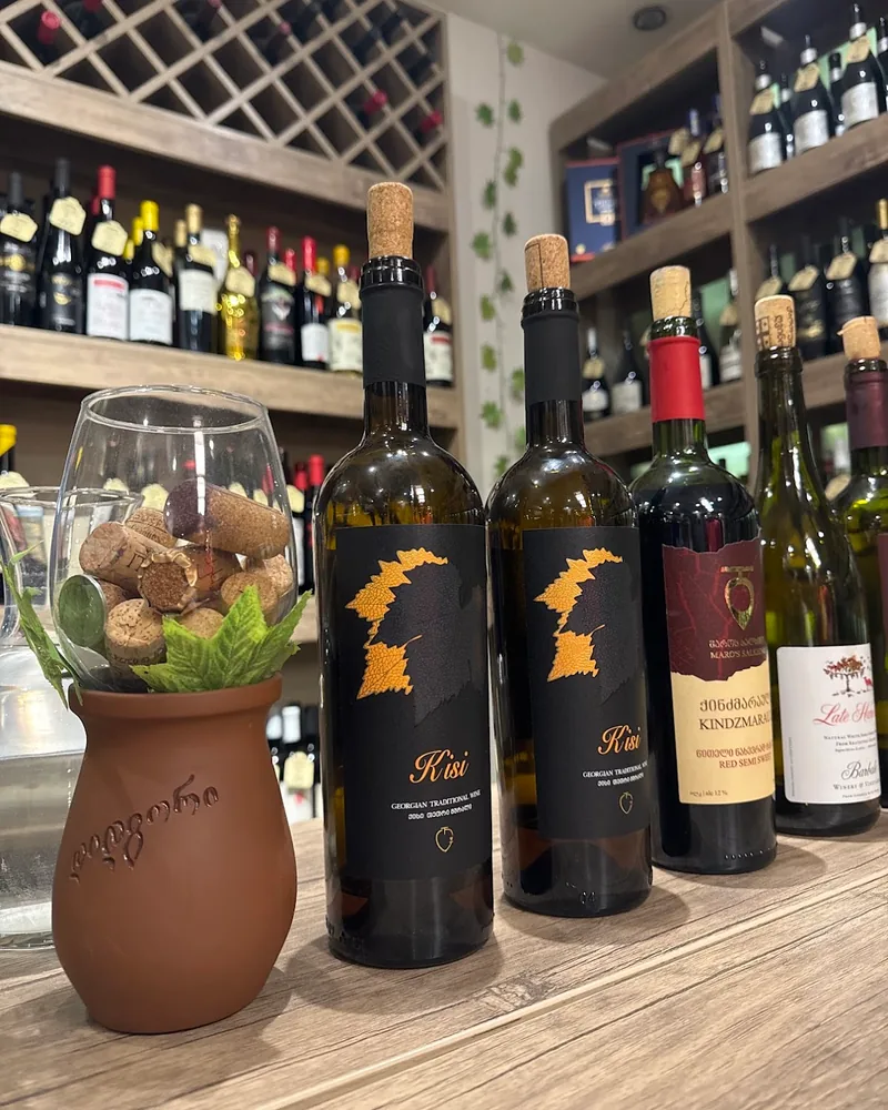 Bottles of Georgian wine on the counter at Dionysus Wine Shop