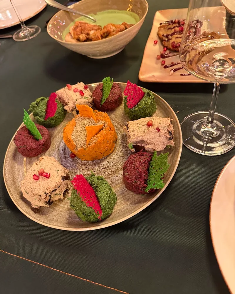 Assorted pkhali platter with walnut rolls at Ethnographer Restaurant