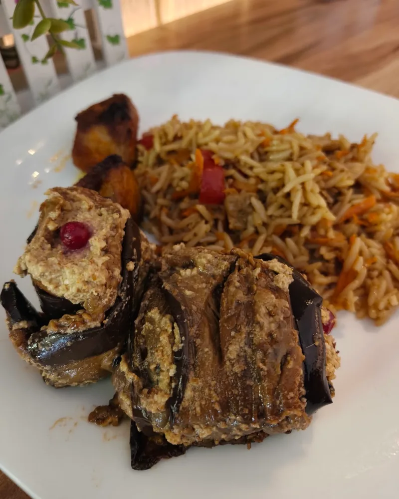 Badrijani nigvzit with rice pilaf at Family Kitchen Tar Tun