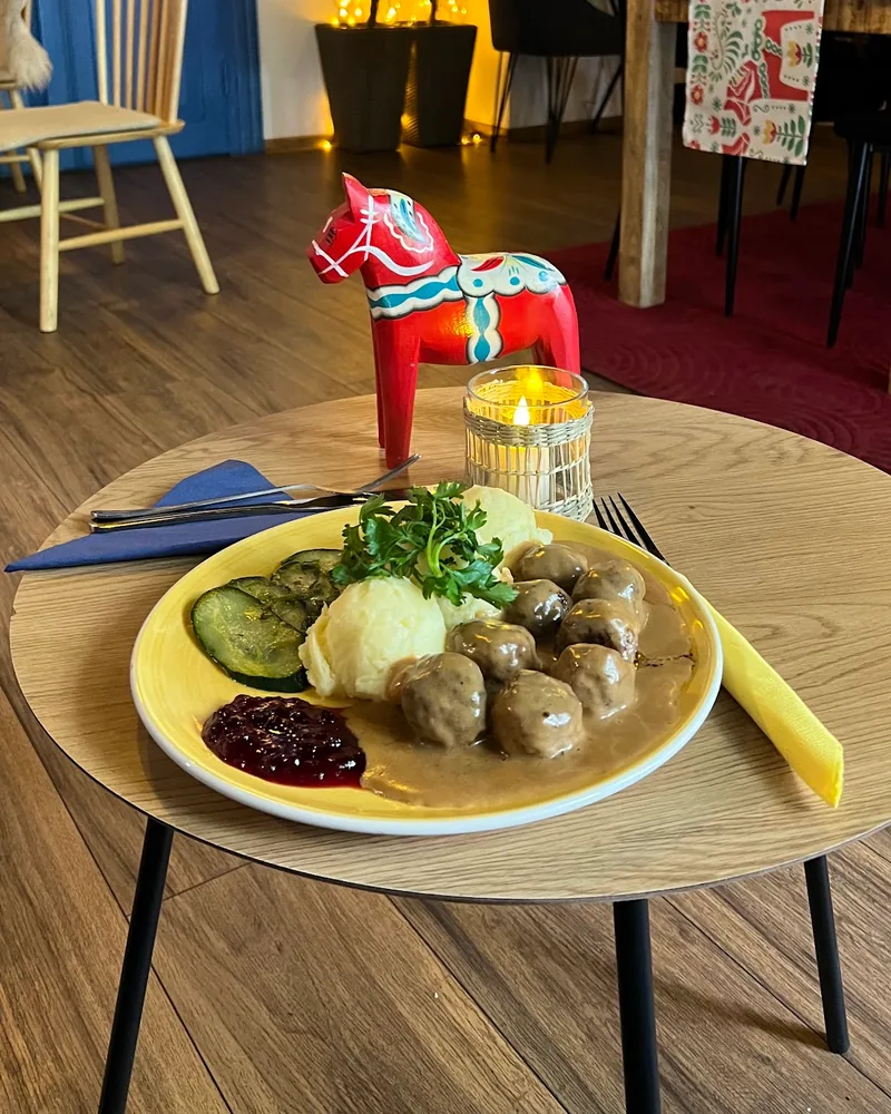 Swedish meatballs with mashed potatoes and lingonberry jam at Fika Swedish Cafe
