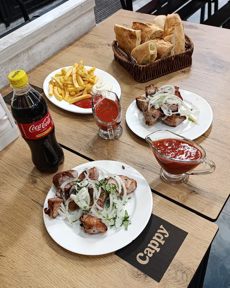 Shashlik with onions, french fries, bread, and sauce at Joker Shaurma