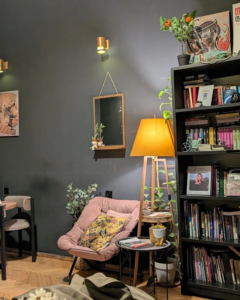 Pink armchair beside a full bookshelf and a lamp at Kiwi Vegan Cafe
