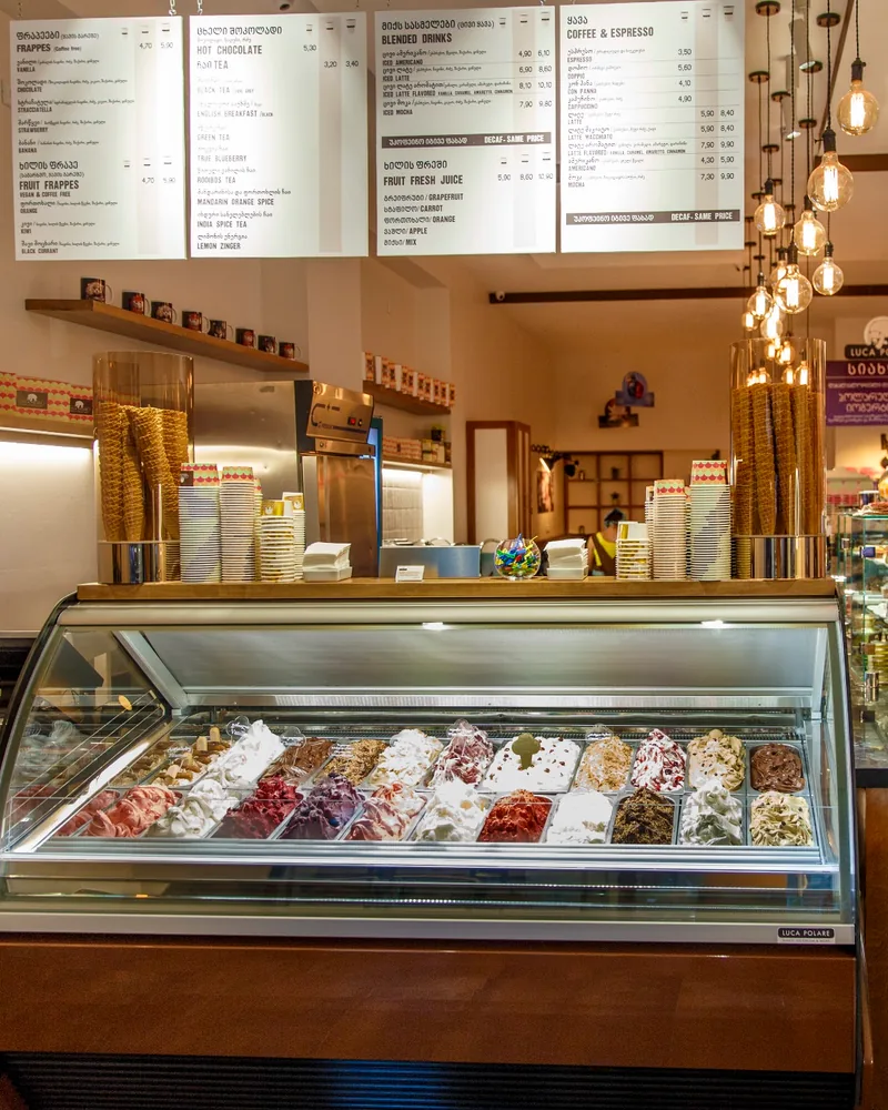 Ice cream counter and cafe interior at Luca Polare