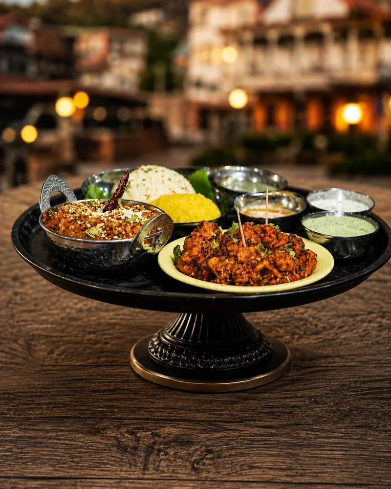Indian dishes on a raised platter stand with rice and chutneys at Maharajah Lounge