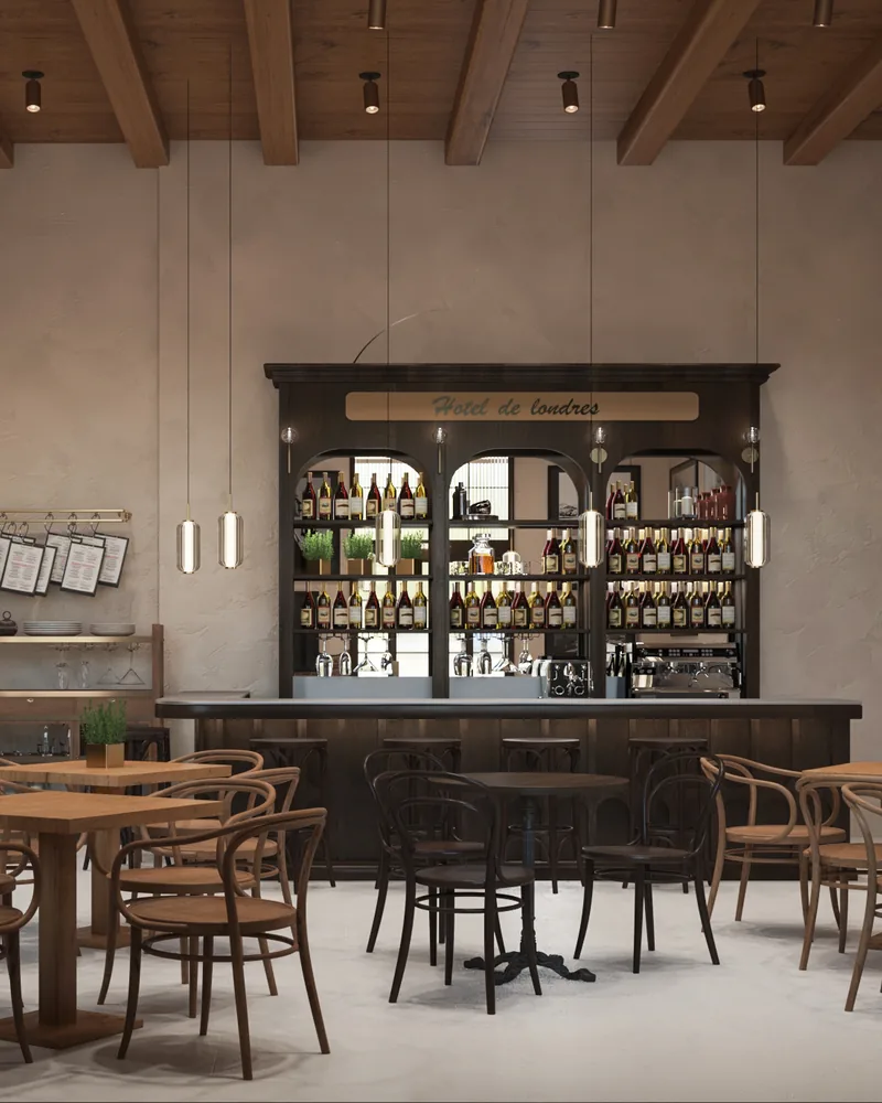 Dining room with wooden tables, chairs, and bar counter at Melting Pot