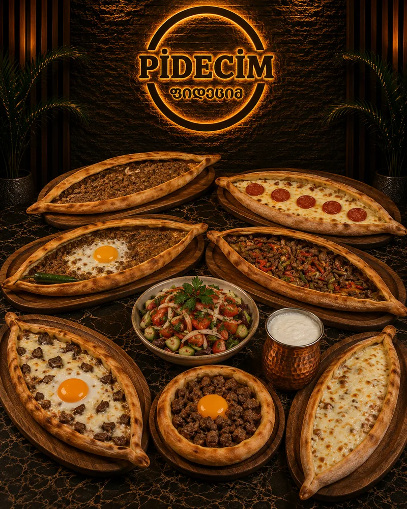 Variety of Turkish pide flatbreads with salad and ayran at Pide Jimi