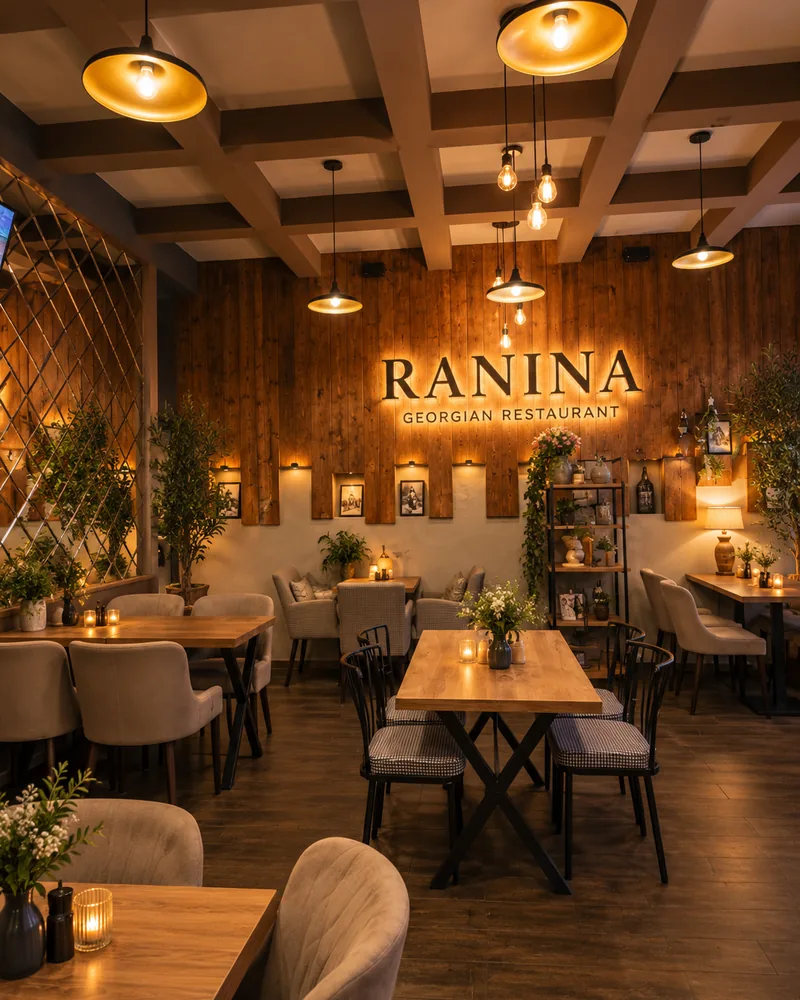 Dining room with wooden wall and Ranina signage at Ranina