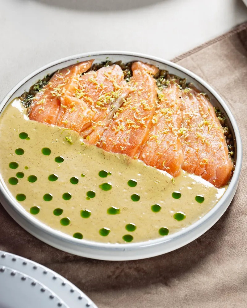 Seared salmon with sauce and herb oil dots at Chemtan