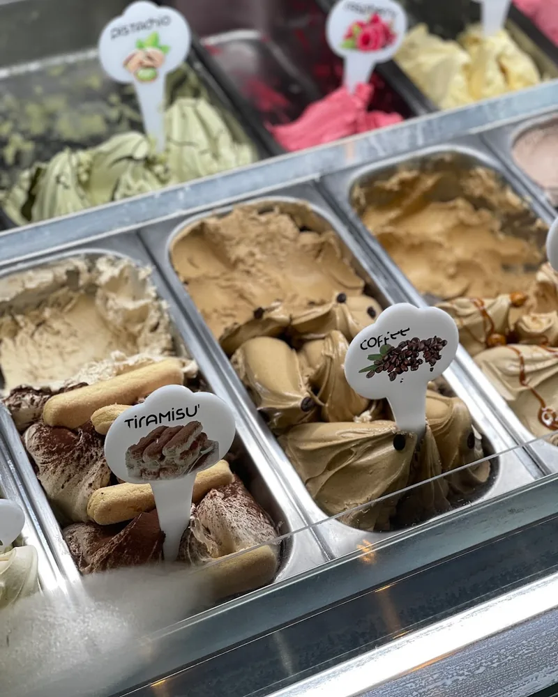Gelato display counter with tiramisu and coffee flavours at Roma Gelato