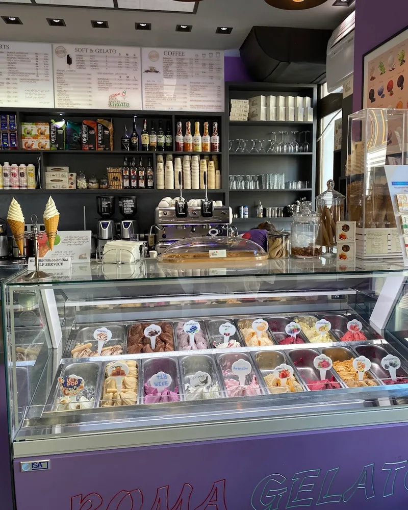 Gelato display counter and back bar at Roma Gelato