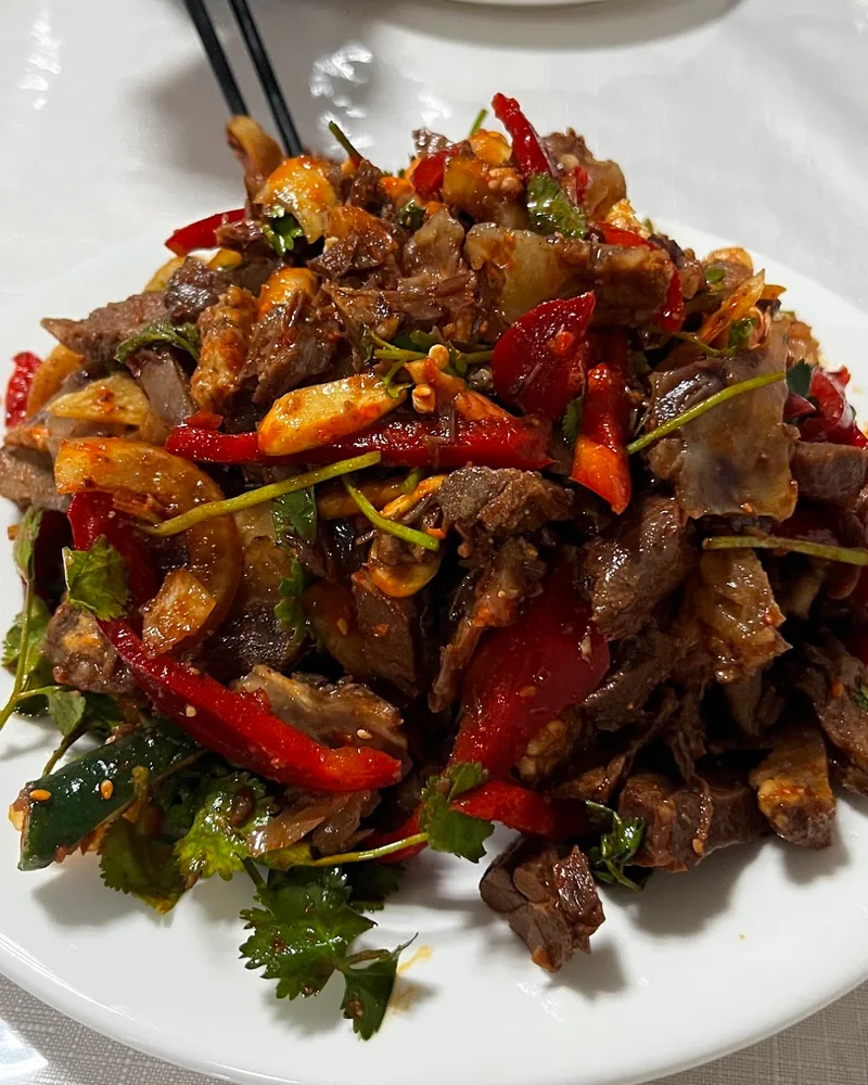 Spicy beef salad with peppers and coriander at Taste of Xinjiang